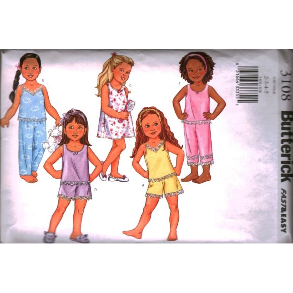 Butterick 3108 Kids Sleepwear Sewing‎ Pattern Top Gown Shorts Pants Size 2 CUT